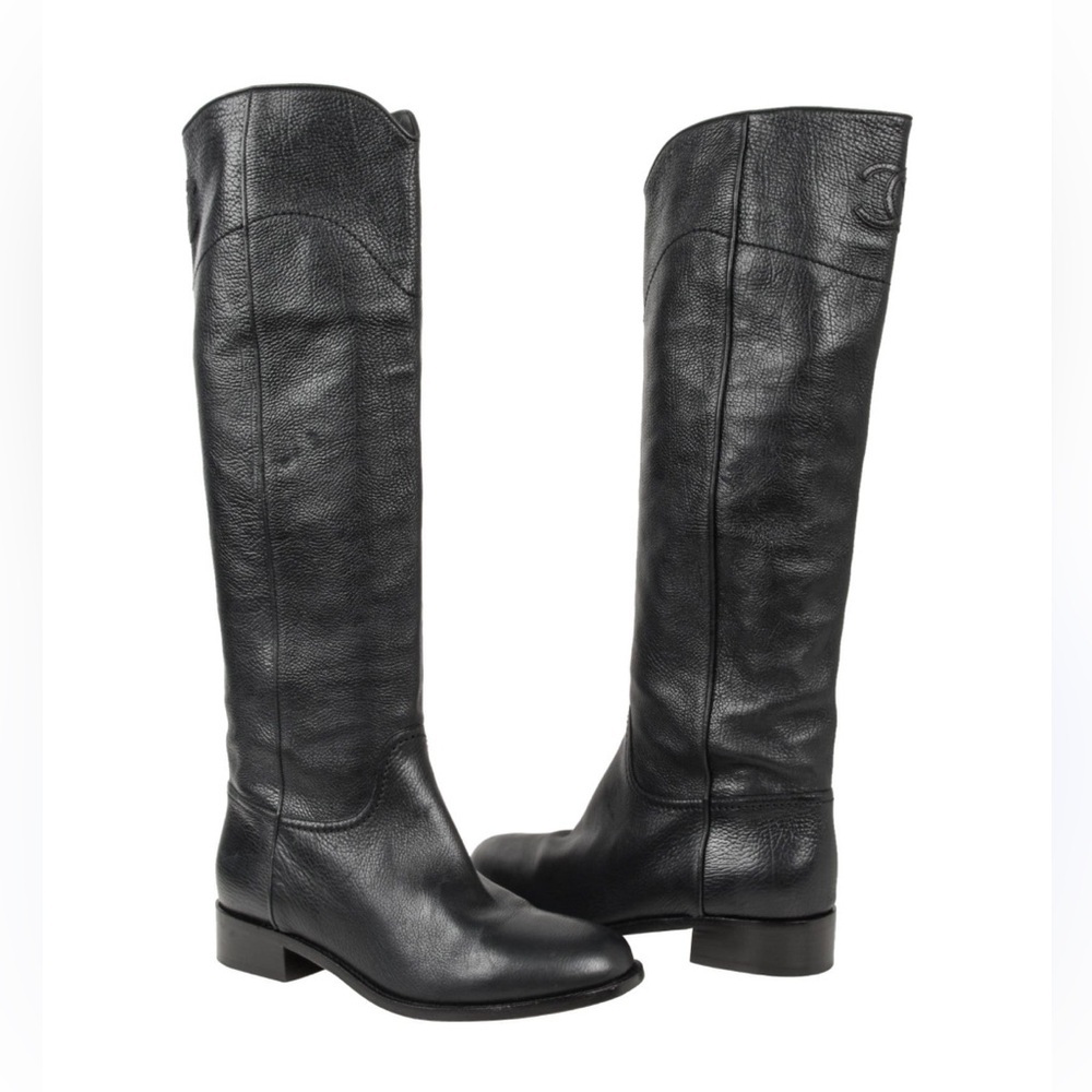 CHANEL Black tall equestrian Leather Boots with logos